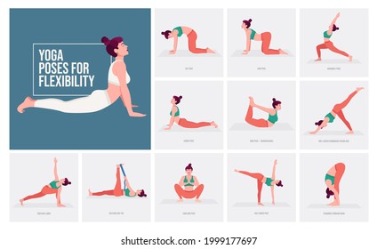 Yoga poses For Flexibility. Young woman practicing Yoga pose. Woman workout fitness, aerobic and exercises. Vector Illustration.	