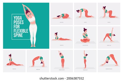 Yoga poses For Flexible Spine. Young woman practicing Yoga pose. Woman workout fitness, aerobic and exercises. Vector Illustration.	
