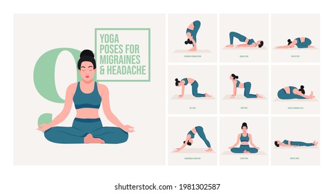 Yoga poses forMigraines and Headache. Young woman practicing Yoga pose. Woman workout fitness, aerobic and exercises. Vector Illustration.