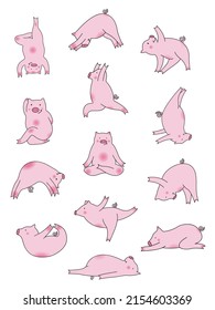 Yoga poses of funny cartoon pink pigs. Vector set of cute animal asanas isolated on white background.