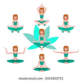 Yoga poses. The girl does yoga. The concept of yoga, meditation, relaxation. Set of avatars,characters in flat style. Vector illustration