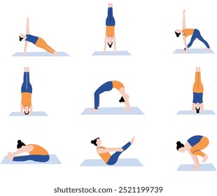 Yoga impõe meninas fazendo treinamento de exercícios em ginástica de classe de grupo treino estilo de vida saudável conceito moderno vetor ilustração.