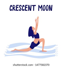 Yoga poses. The girl in training is engaged in stretching. Asana Crescent Moon. Flexible woman pulls her arms up. Vector flat illustration isolated on white background.