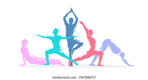 Yoga poses, group of active people practicing yoga, flat design isolated vector silhouettes