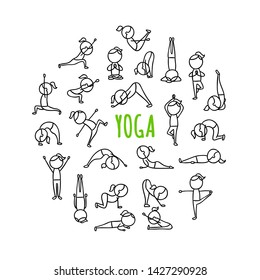 Yoga poses hand drawn illustrations. Vector round yoga concepts. Sport lifestyle outline symbols