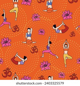 Las poses de yoga tienen un trasfondo sin fisuras con las mujeres en poses de yoga. Ideal para un estilo de vida sano y productos inspirados en el entrenamiento, tejidos, empaques y proyectos de papel pintado. Estilo de vida saludable.