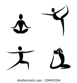 Yoga poses and health care icons for fitness: yoga class, gymnastic, aerobics and other activities