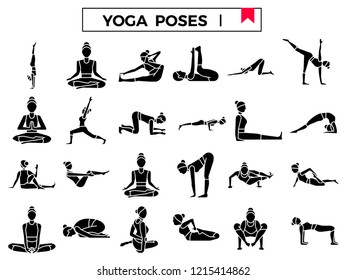 Yoga poses icon set.