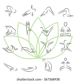 Yoga poses icon set in thin line style