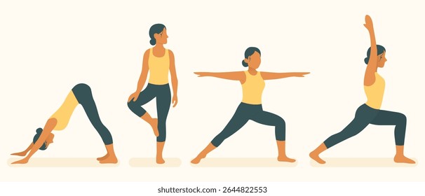 Yoga poses icon. Woman performing downward dog, tree, warrior, and crescent lunge positions. Fitness activity promoting strength, flexibility, mindfulness, and physical balance.