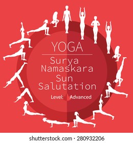 yoga poses, image includes the phrase Surya Namaskara, advanced level