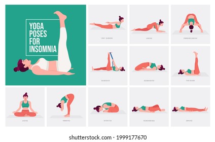 Yoga poses For Insomnia. Young woman practicing Yoga pose. Woman workout fitness, aerobic and exercises. Vector Illustration.	