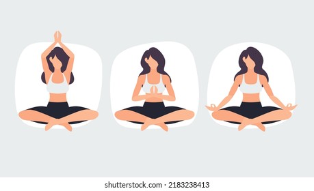 Yoga poses isolated. Young sportive woman meditate in lotus position. Vector illustration of healthy lifestyle in flat cartoon style.