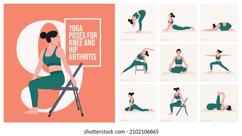 Yoga poses For Knee and Hip Arthritis. Young woman practicing Yoga poses. Woman workout fitness and exercises.