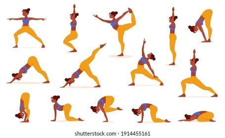 Yoga poses for lifestyle design. Healthy female body. Body health care. Workout girl set. Female body health vector illustration