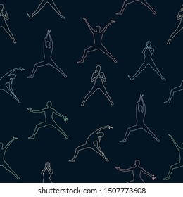 Yoga poses line art vector seamless pattern