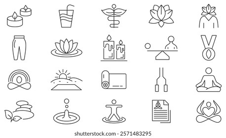 Yoga Poses line icon set. Mental relaxation, health meditate, self concentration, relax, sound, yoga, bohemian, lotus pose, balance, mental health line icon set. UI thin line icon pack.