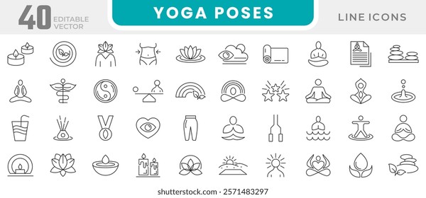 Yoga Poses line icon set. Mental relaxation, health meditate, self concentration, relax, sound, yoga, bohemian, lotus pose, balance, mental health line icon set. UI thin line icon pack.