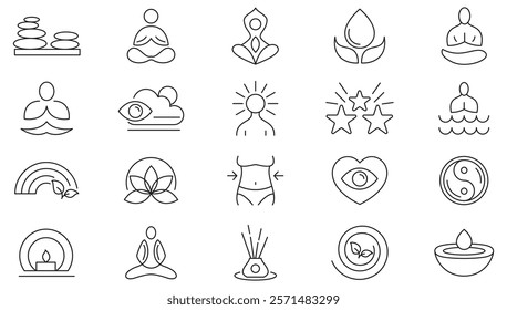 Yoga Poses line icon set. Mental relaxation, health meditate, self concentration, relax, sound, yoga, bohemian, lotus pose, balance, mental health line icon set. UI thin line icon pack.