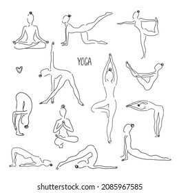 Yoga poses linear icons set. Sarvangasana halasana bakasana uttanasana siddhasana vrikshasana trikonasana virabhadrasana. Thin line contour symbols. Isolated vector illustrations