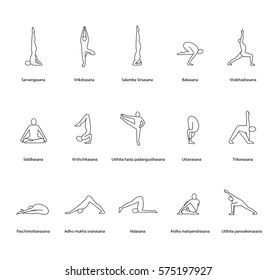 Yoga poses linear icons set. Sarvangasana, halasana, bakasana, uttanasana, siddhasana, vrikshasana, trikonasana, virabhadrasana. Thin line contour symbols. Isolated vector illustrations
