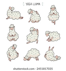 Yoga poses llama animal doodle vector illustrations set.