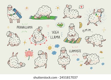 Yoga poses llama animal doodle vector illustrations set.