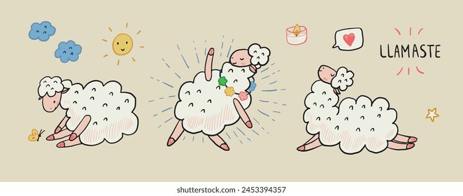 Yoga poses llama animal doodle vector illustrations set.