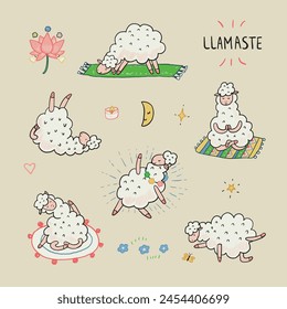 Yoga poses llama animal doodle vector illustrations set.