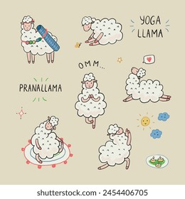 Yoga poses llama animal doodle vector illustrations set.