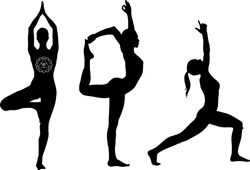 Yoga Poses:  Lord Of The Dance, Warrior I And Tree Pose. Black Icon Set.