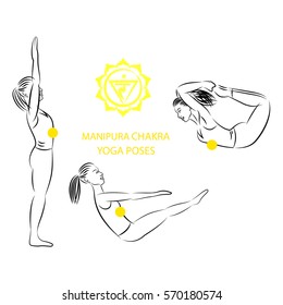Yoga poses for Manipura chakra activation vector illustration.