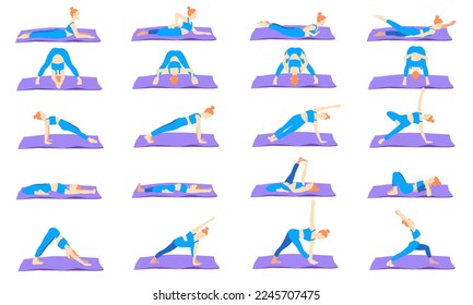 Yoga poses with mat collection. Ginger European female woman girl. Vector illustration in cartoon flat style isolated on white background.