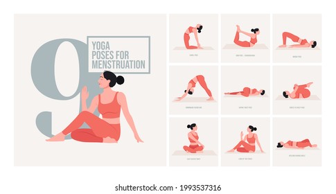 Yoga poses For Menstruation . Young woman practicing Yoga pose. Woman workout fitness, aerobic and exercises. Vector Illustration.