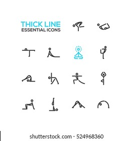 Yoga poses - modern vector plain simple thick line design icons and pictograms set.