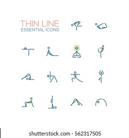 Yoga poses - modern vector simple thin line design icons and pictograms set with accent color. Material design concept symbols