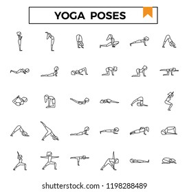 Yoga poses outline icon set.