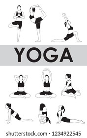 Yoga Poses. Outlined Yoga Poses. Black and White Yoga Illustrations