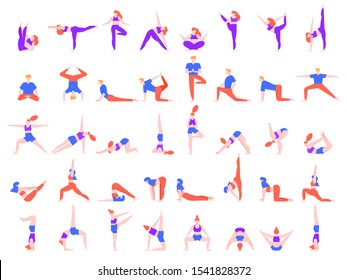 Yoga Poses People. People Doing Yoga Exercise, Young Man And Woman Yoga Community Vector Illustration Set. Meditation, Balance Training And Relaxation Asanas Isolated On White Background