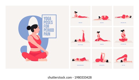 Yoga Poses Period Pain . Young Woman Practicing Yoga Pose. Woman Workout Fitness, Aerobic And Exercises. Vector Illustration.