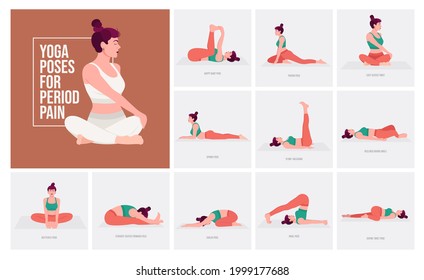 Yoga poses For Period Pain . Young woman practicing Yoga pose. Woman workout fitness, aerobic and exercises. Vector Illustration.	