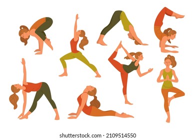 Yoga poses and physical exercises of woman set. Vector illustrations of girl stretching body. Cartoon female character training in gym or at home isolated on white. Sport, workout, health concept