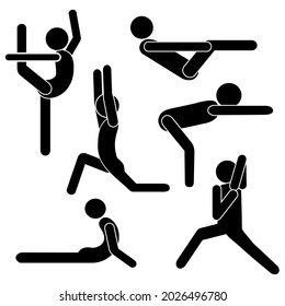 Yoga Poses Practicando. Icono del pictograma de la figura del stick aislado en fondo blanco. Ilustración vectorial