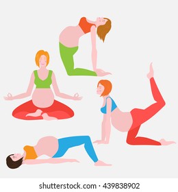 yoga poses for pregnant women, future mother, healthy lifestyle exercises set, baby care, motherhood and fitness flat