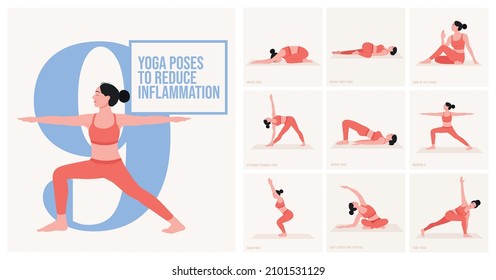 Yoga Poses For Reduce Inflammation. Young Woman Practicing Yoga Poses. Woman Workout Fitness And Exercises.