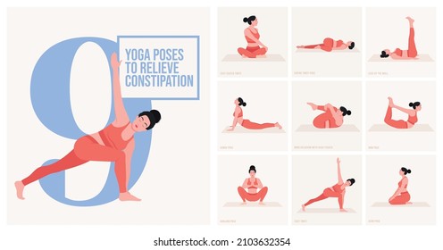 Yoga poses to relieve constipation. Young woman practicing Yoga poses. Woman workout fitness and exercises.