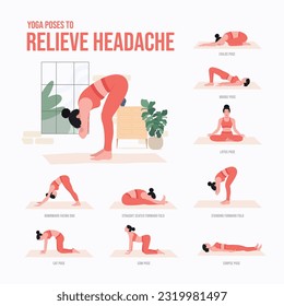 Yoga poses to Relieve Headache. Young woman practicing Yoga pose. Woman workout fitness, aerobic and exercises.