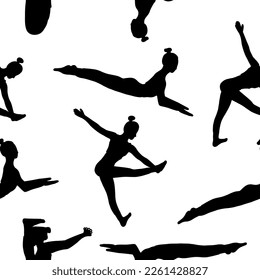 Yoga poses seamless pattern. Black shadow. Female woman girl. Vector illustration in cartoon flat style isolated on white background.