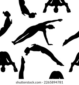 Yoga poses seamless pattern. Black shadow. Female woman girl. Vector illustration in cartoon flat style isolated on white background.