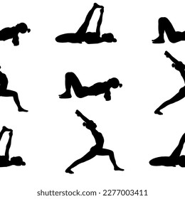 Yoga poses seamless pattern. Black shadow. Female, lady, woman, girl. Meditation, pilates, mental health, training, texture. Vector illustration in cartoon flat style isolated on white background.